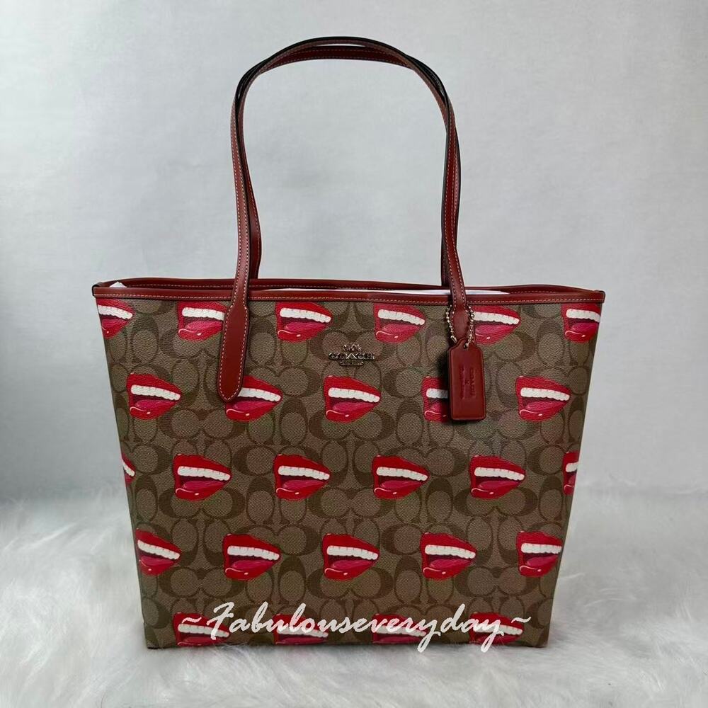 Coach X Tom Wesselmann City Tote In Signature Canvas Lips Smile CQ032 NWT